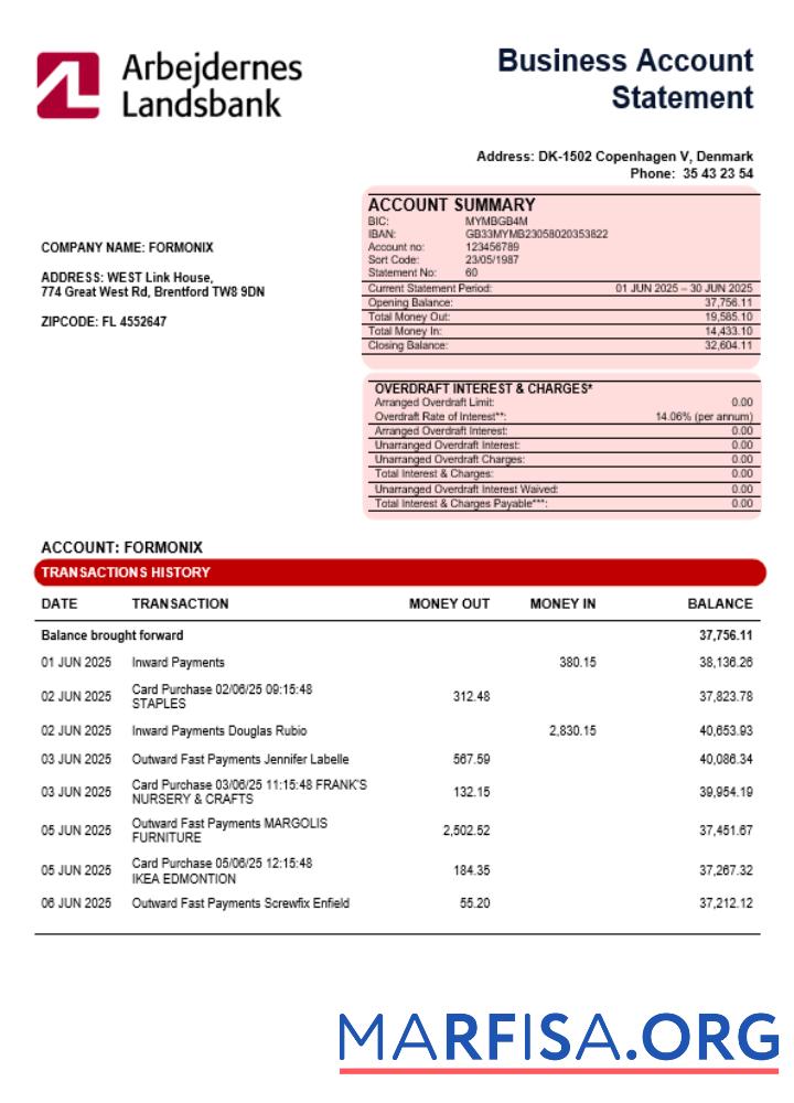 Blank Arbejdernes Landsbank enterprise account statement Word and PDF template